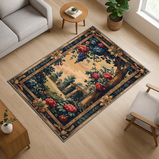 French Victorian chenille tapestry rug with ornate oriental frame, red and blue florals, grape clusters, and a romantic garden scene.
