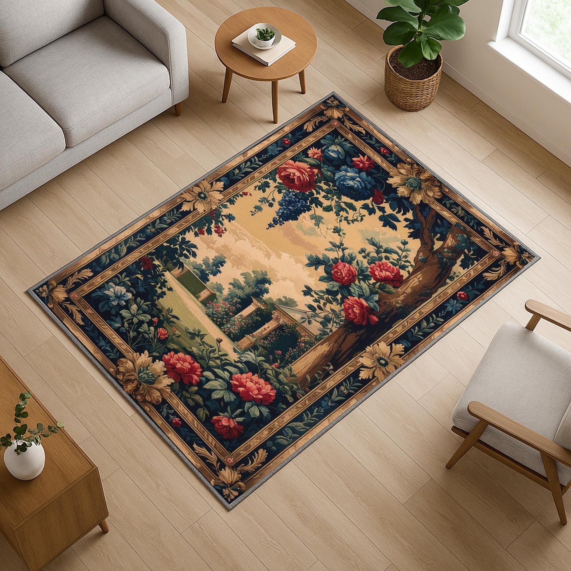 French Victorian chenille tapestry rug with ornate oriental frame, red and blue florals, grape clusters, and a romantic garden scene.