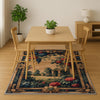 French Victorian chenille tapestry rug with ornate oriental frame, red and blue florals, grape clusters, and a romantic garden scene.