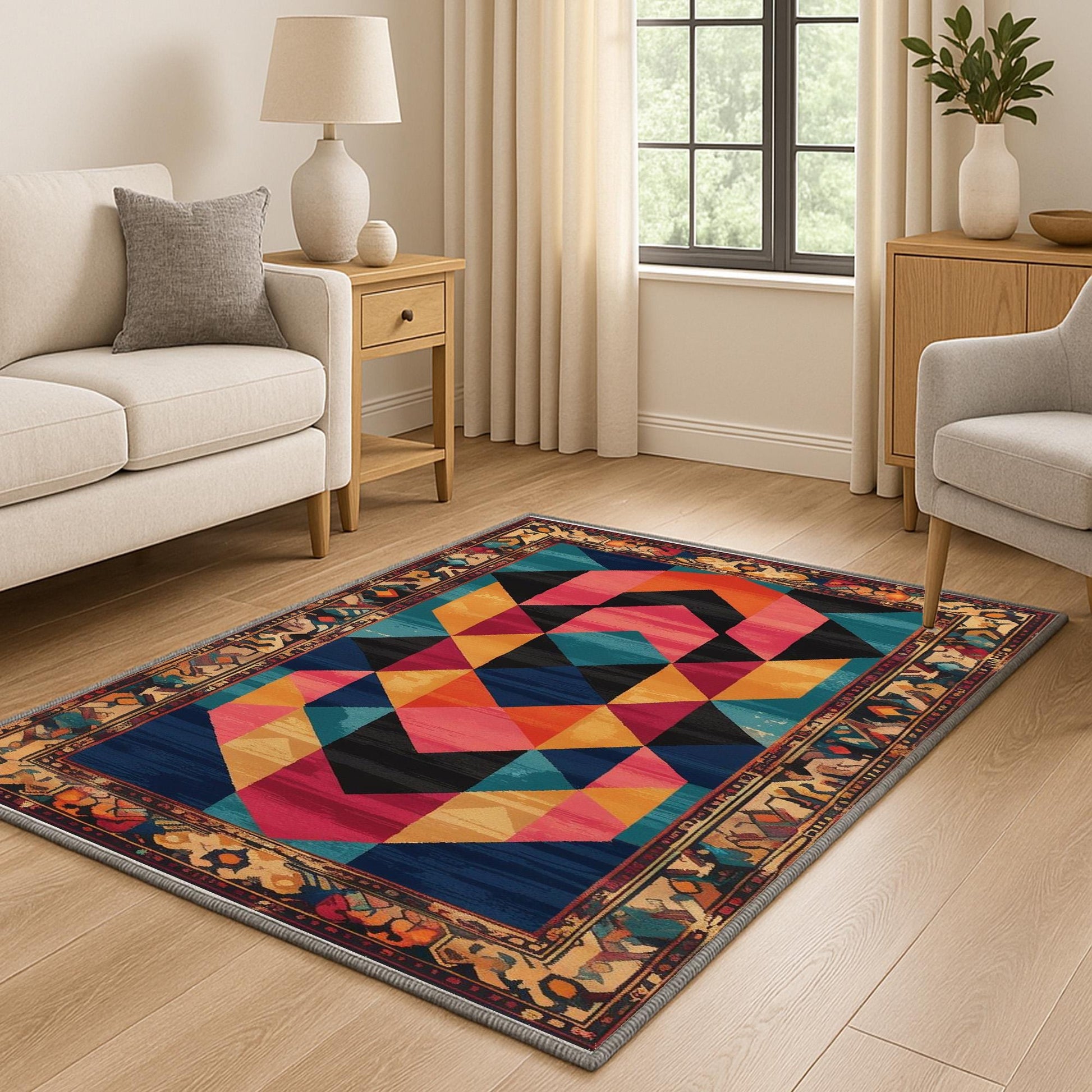 Colorful geometric chenille rug with antique oriental border, featuring teal, gold, pink, and black shapes, washable and non-slip backing.