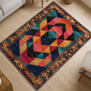Colorful geometric chenille rug with antique oriental border, featuring teal, gold, pink, and black shapes, washable and non-slip backing.