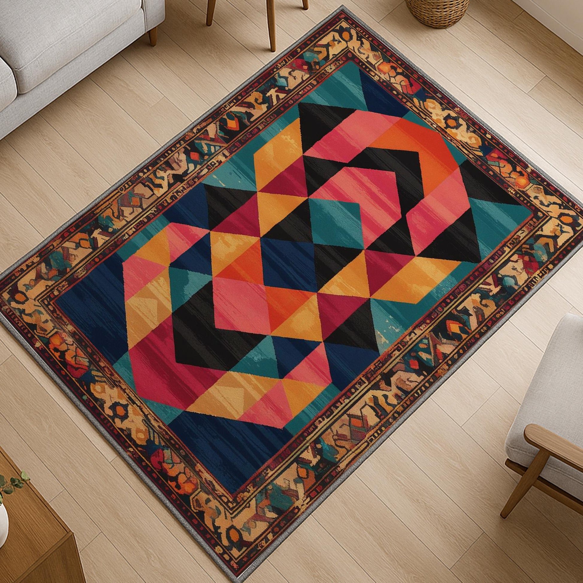 Colorful geometric chenille rug with antique oriental border, featuring teal, gold, pink, and black shapes, washable and non-slip backing.