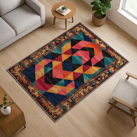 Colorful geometric chenille rug with antique oriental border, featuring teal, gold, pink, and black shapes, washable and non-slip backing.