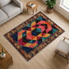 Colorful geometric chenille rug with antique oriental border, featuring teal, gold, pink, and black shapes, washable and non-slip backing.