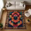 Colorful geometric chenille rug with antique oriental border, featuring teal, gold, pink, and black shapes, washable and non-slip backing.