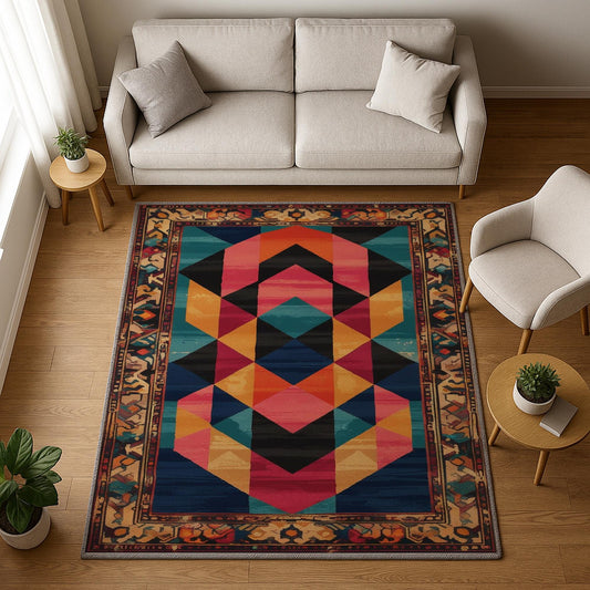 Colorful geometric chenille rug with antique oriental border, featuring teal, gold, pink, and black shapes, washable and non-slip backing.
